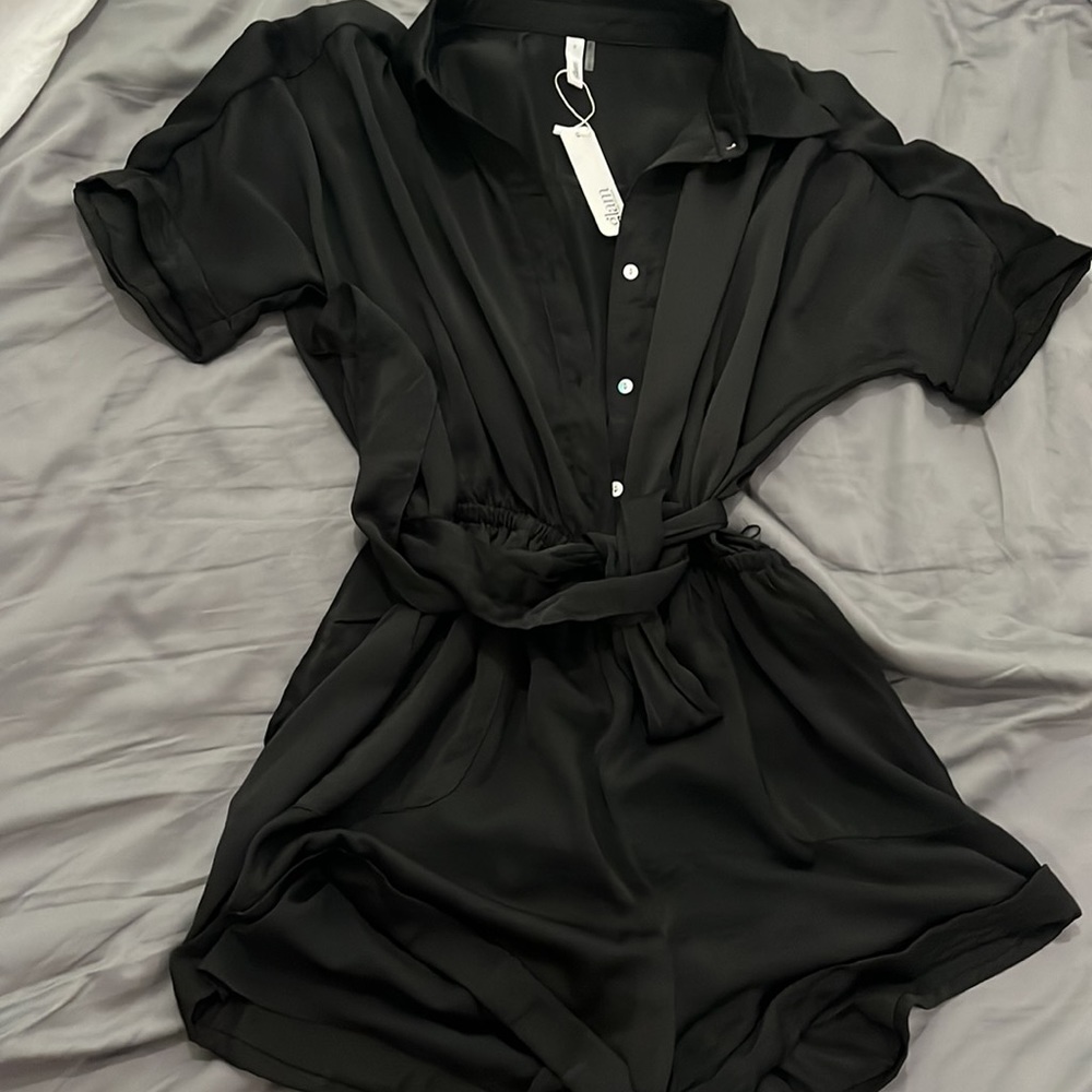 Black satin button up romper